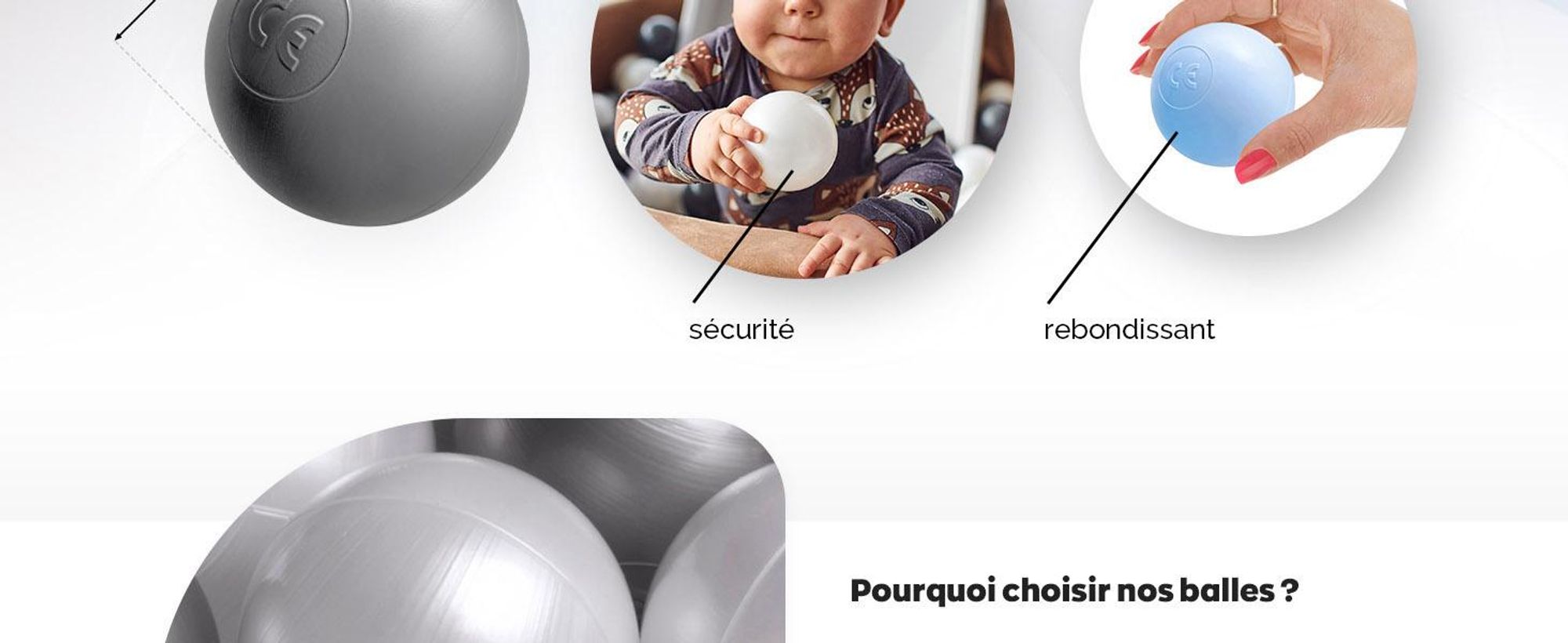 MISIOO Balles pour bain de balles 150 pièces - Balles pour bain de balles - Balles Ø 6 cm - Balles en plastique fabriquées en 100% LDPE - Jouets bébé - Bleu clair/perles/argenté