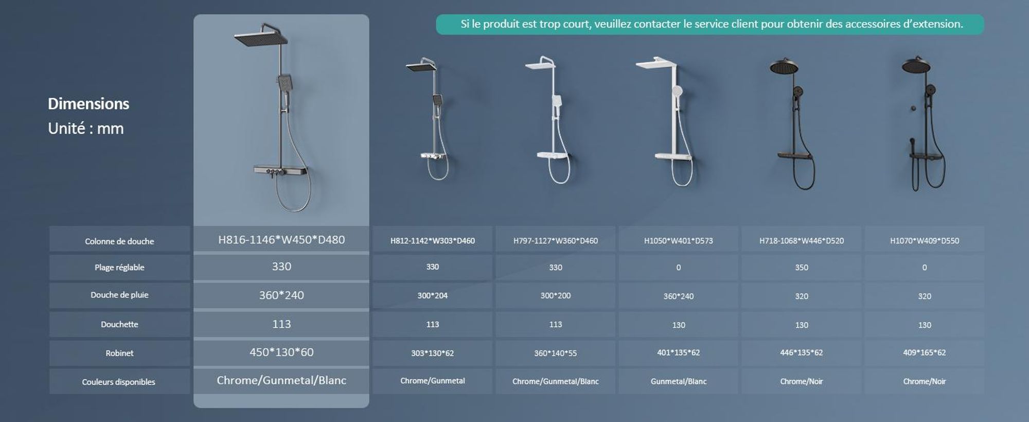 EMKE Système de douche avec thermostat 1146x450x480mm tablette en verre douchette à main avec 3 types de jets douche de pluie, robinetterie de salle de bains & douche, KTW, anthracite mat F10