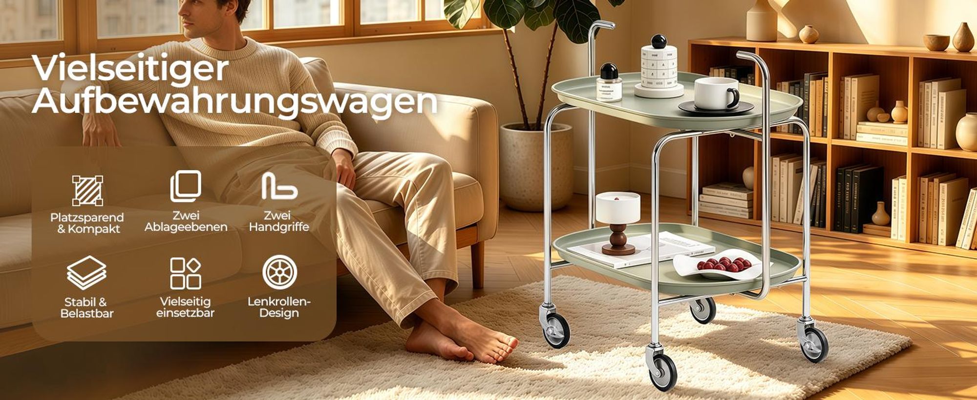 Küchenwagen mit Rollen 3 Etagen, Servierwagen Rollwagen, Mobiler Aufbewahrungswagen mit Griff, 360° Rollen und Bremsen, Grün