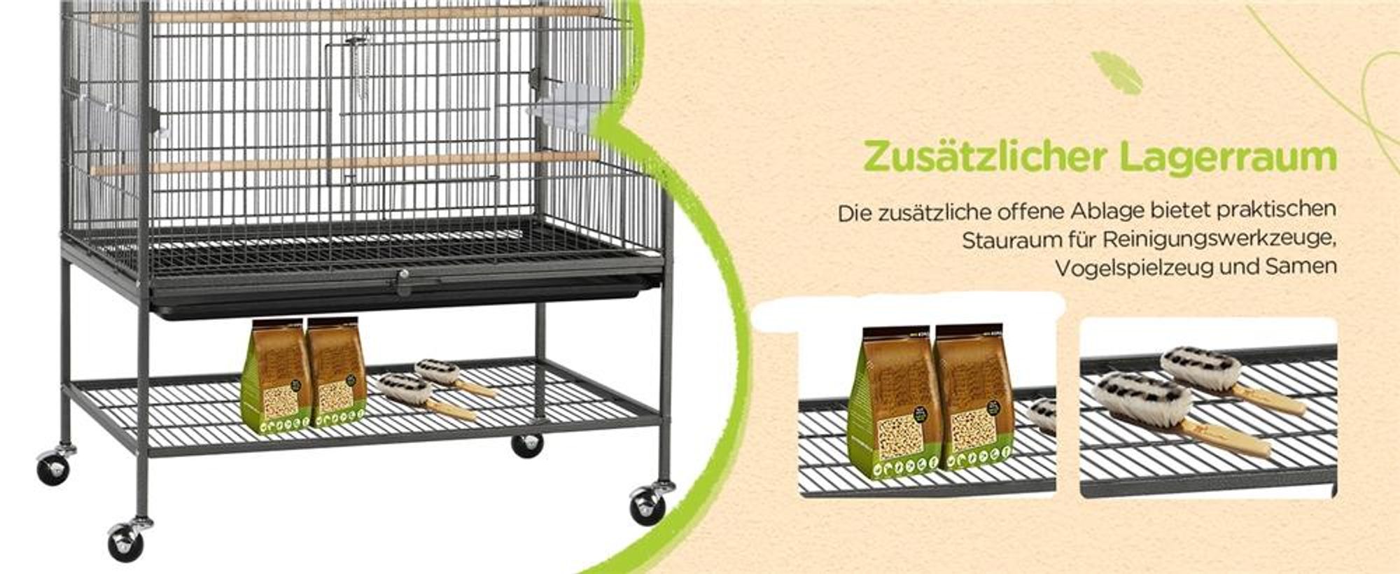 Yaheetech Vogelkäfig mit Ständer, Vogelvoliere mit 3 Holzstangen und 4 Futternäpfen, Wellensittich Käfig mit 4 Rollen, Voliere für Papageien, Schwarz