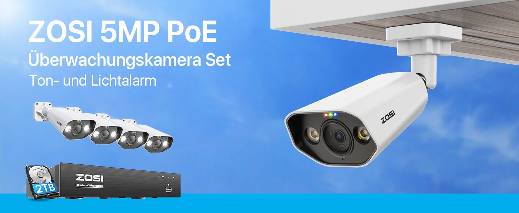 ZOSI 5MP Überwachungskamera Aussen Set, 8CH 4K 2TB HDD NVR und 4X 5MP PoE IP Outdoor Kamera, 2-Wege Audio, Personen- und Fahrzeugerkennung, Spotlight Alarm, C1825A