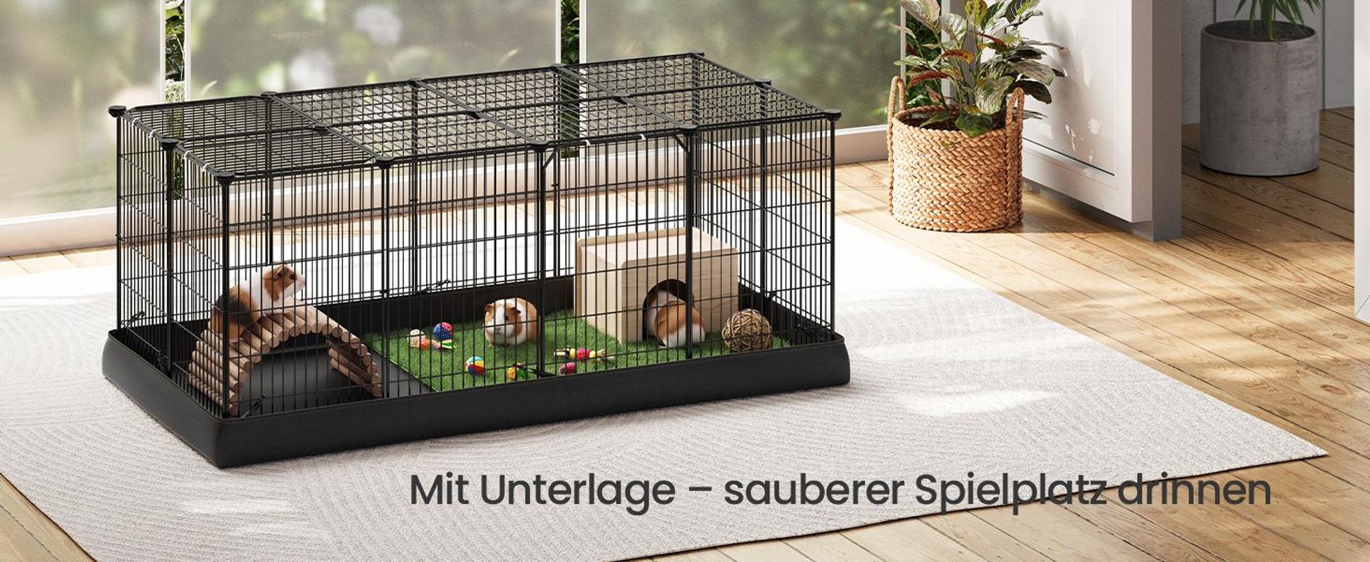 SONGMICS Kleintiergehege Hasenkäfig XXL mit Bodenmatte und 3 Türen 140 x 70 x 55 cm Schwarz