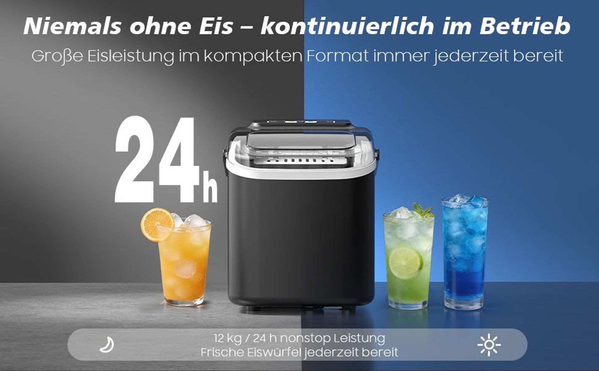 Eiswürfelmaschine, 12kg/24h, 8 Eiswürfel in 6–13 Minuten, 2 Eiswürfelgrößen, Selbstreinigungsfunktion, LED-Anzeige, tragbar, Schwarz