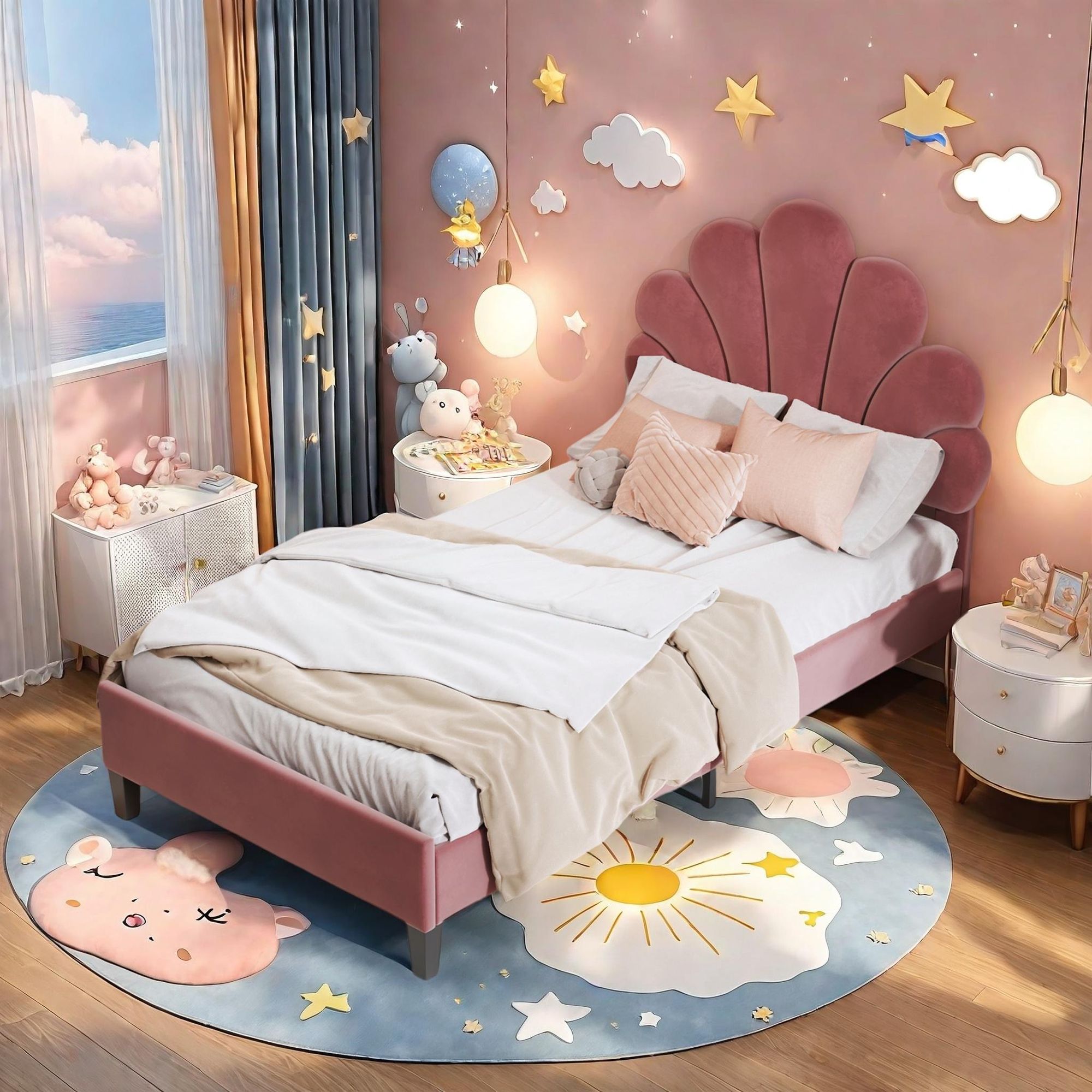 Fortuna Lai Polsterbett 90x200cm mit höhenverstellbarem Kopfteil und Lattenrost, Blumenform-Kopfteil Einzelbett Kinderbett für Kinder und Erwachsene