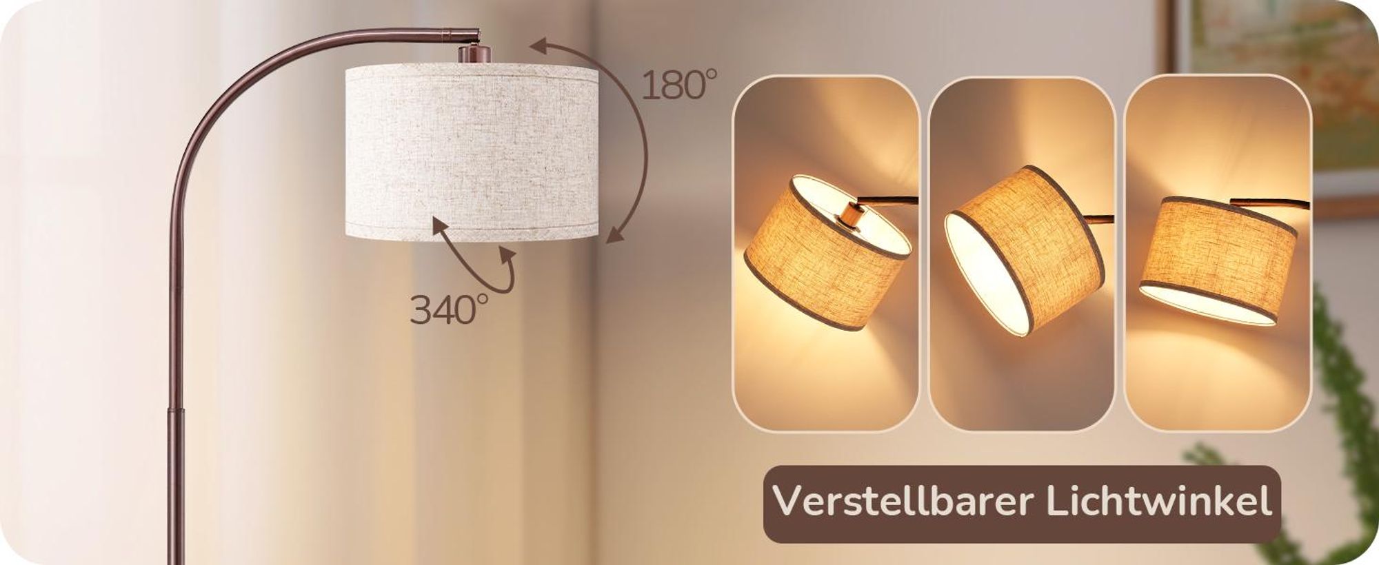 EDISHINE Braun Stehlampe Wohnzimmer mit Verstellem Beigen Leinen-Lampenschirm & Fußschalter, 161cm Bogenlampe, Leselampe mit E27 LED-Glühbirne
