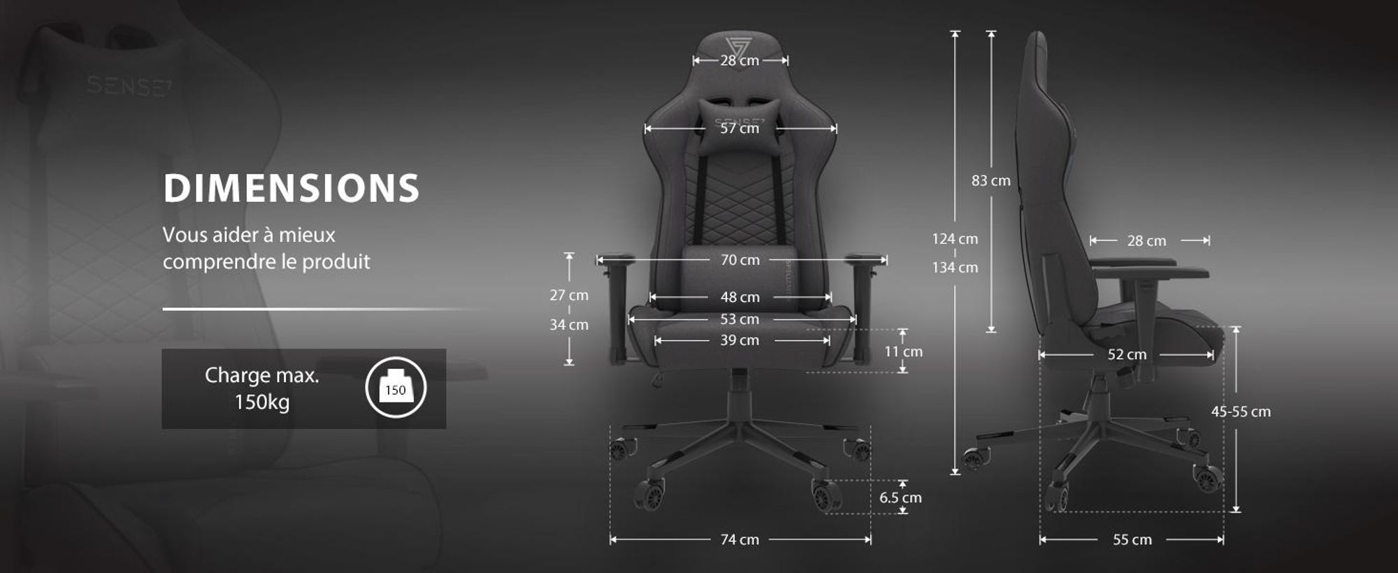 Chaise gaming SENSE7 Spellcaster en tissu noir - Chaise de bureau ergonomique Chaise de bureau PC Fauteuil gaming 150 kg Accoudoirs 2D Inclinaison 160°