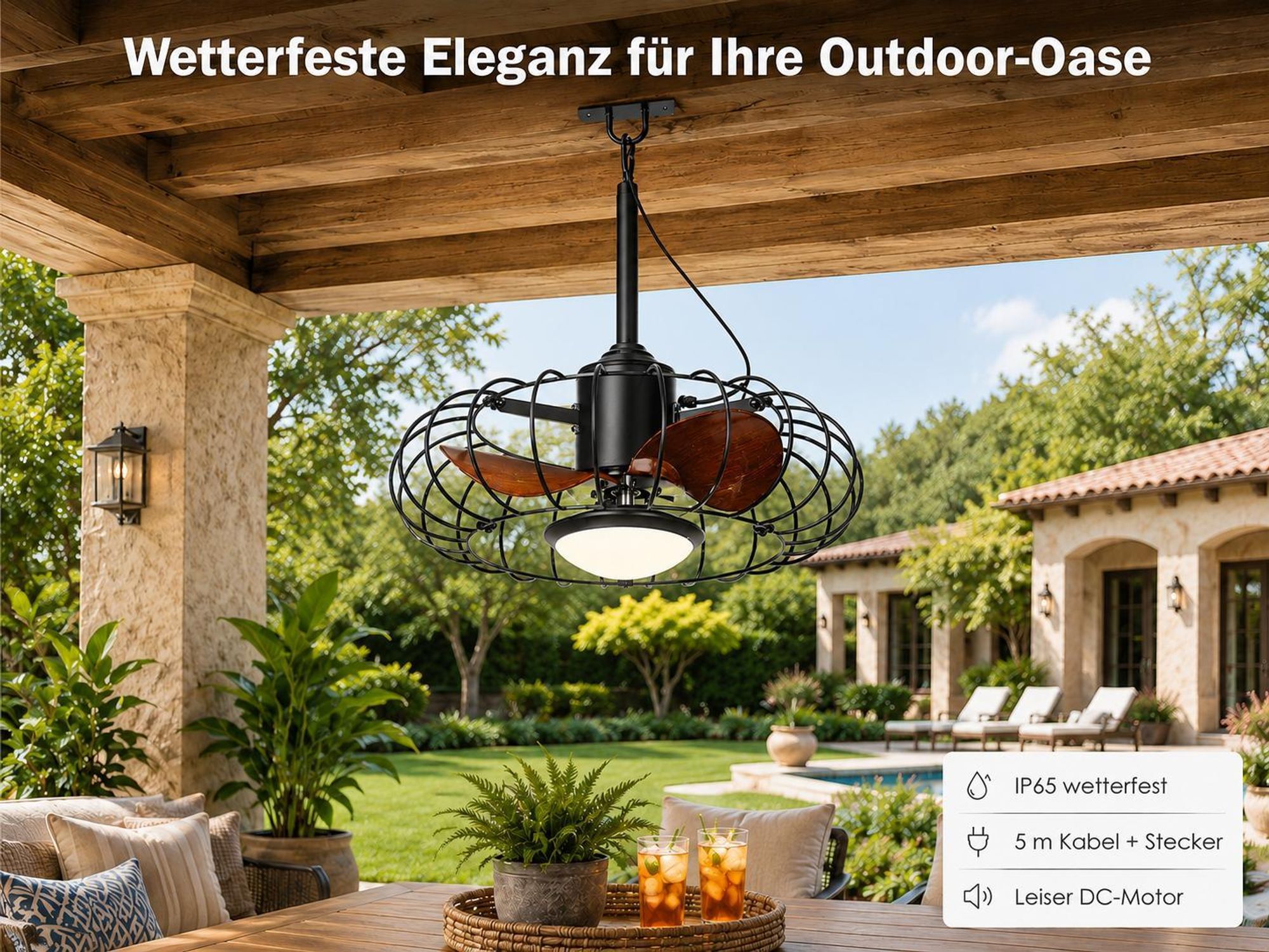 50CM Outdoor Deckenventilator mit Beleuchtung und Fernbedienung, IP65 Außen Lampe mit Ventilator, 6 Stufen, für Balkon Pavillon Terrasse, 5m Kabel