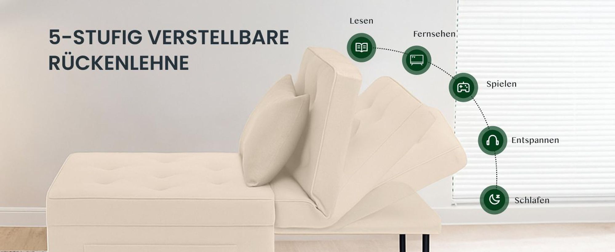 FLEXISPOT 4-in-1 Schlafsofa Klappbett Einzelsofa mit klappbarem Hocker, Kissen & 5-fach verstellbarer Rückenlehne, Schlafsessel für Gästezimmer Beige