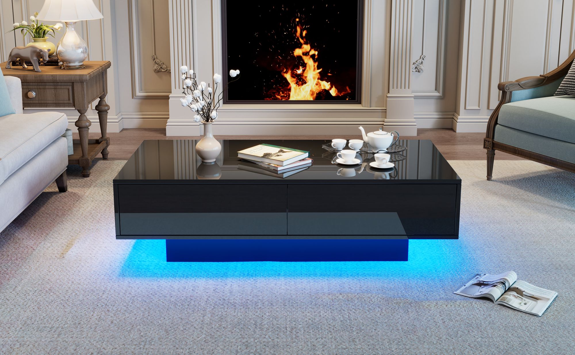 okwish Couchtisch mit 2 Schubladen und LED-Licht,Sofatisch Schwarz Hochglanz,Wohnzimmertisch 115x55x34 cm, Schwarz