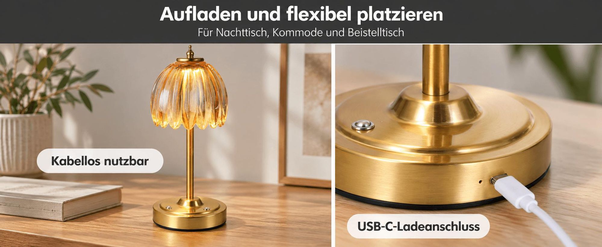 Akku-Tischlampe mit bernsteinfarbenem Glasschirm, Touch-Steuerung, 3 Lichtfarben, stufenlos dimmbar, USB-C, 34 cm, für Schlafzimmer und Wohnzimmer