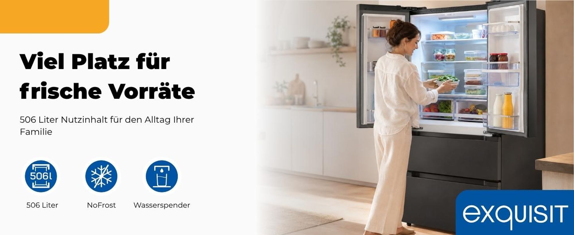 Exquisit Frenchdoor-Kühlschrank, 506 L, Kombigerät, 2-in-1, Kühl- und Gefrierteil, No-Frost, Wasserspender, inoxlook, FD5490-160-WS-202E inoxlook-az