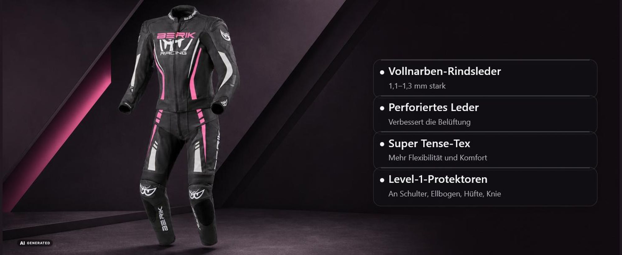 Berik Monles 2-Teiler Damen Motorrad Lederkombi, schwarz/weiß/pink, 42