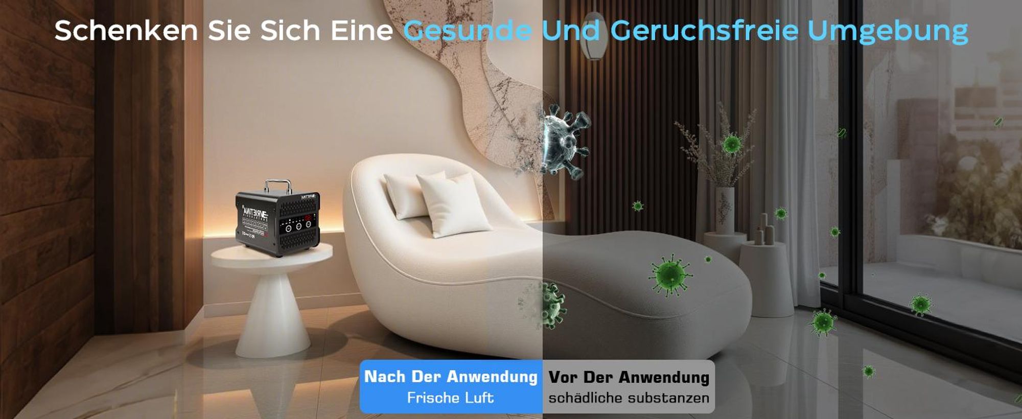 65000mg/h Ozongenerator mit Touchscreen, Luftreiniger & Ozonisator Luftstrom 300 m3/h mit 120Min Timer 35dB/150W Für Auto, Haushalt & Gewerbe, Schwarz