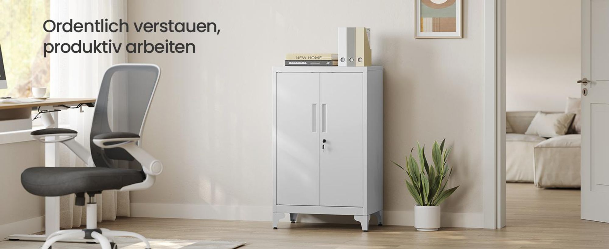 SONGMICS Aktenschrank, Mehrzweckschrank, Büroschrank mit 2 Türen, Schrank abschließbar, aus Stahl Mattgrau