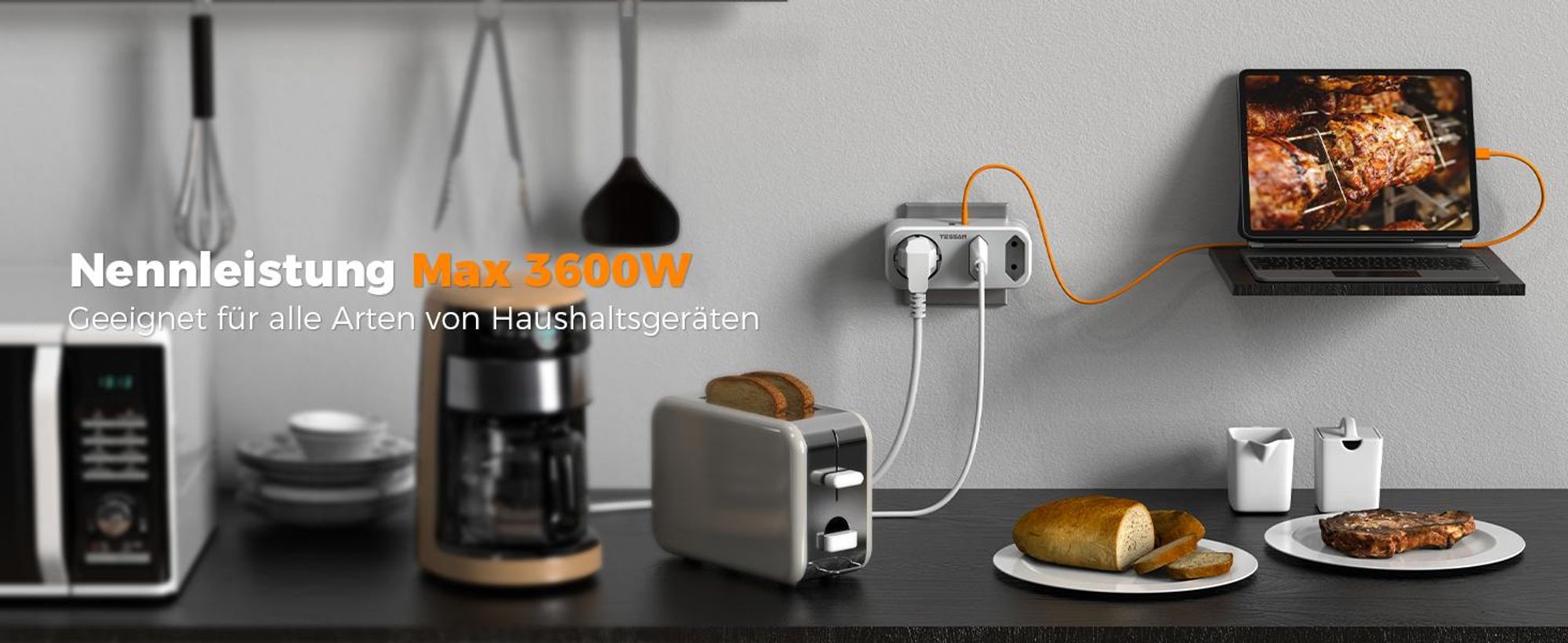 TESSAN Mehrfachstecker 3 Fach Steckdosenadapter mit 1 USB C und 1 USB A 3600W Grau