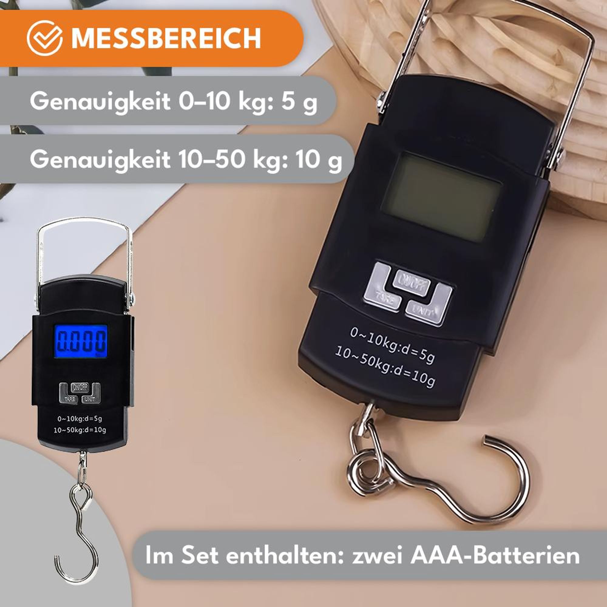 KRUMAD Digitale Kofferwaage 50 kg – tragbare Gepäckwaage mit Haken & LCD – Handwaage mit TARA für Reisen, Fluggepäck & Gepäckkontrolle