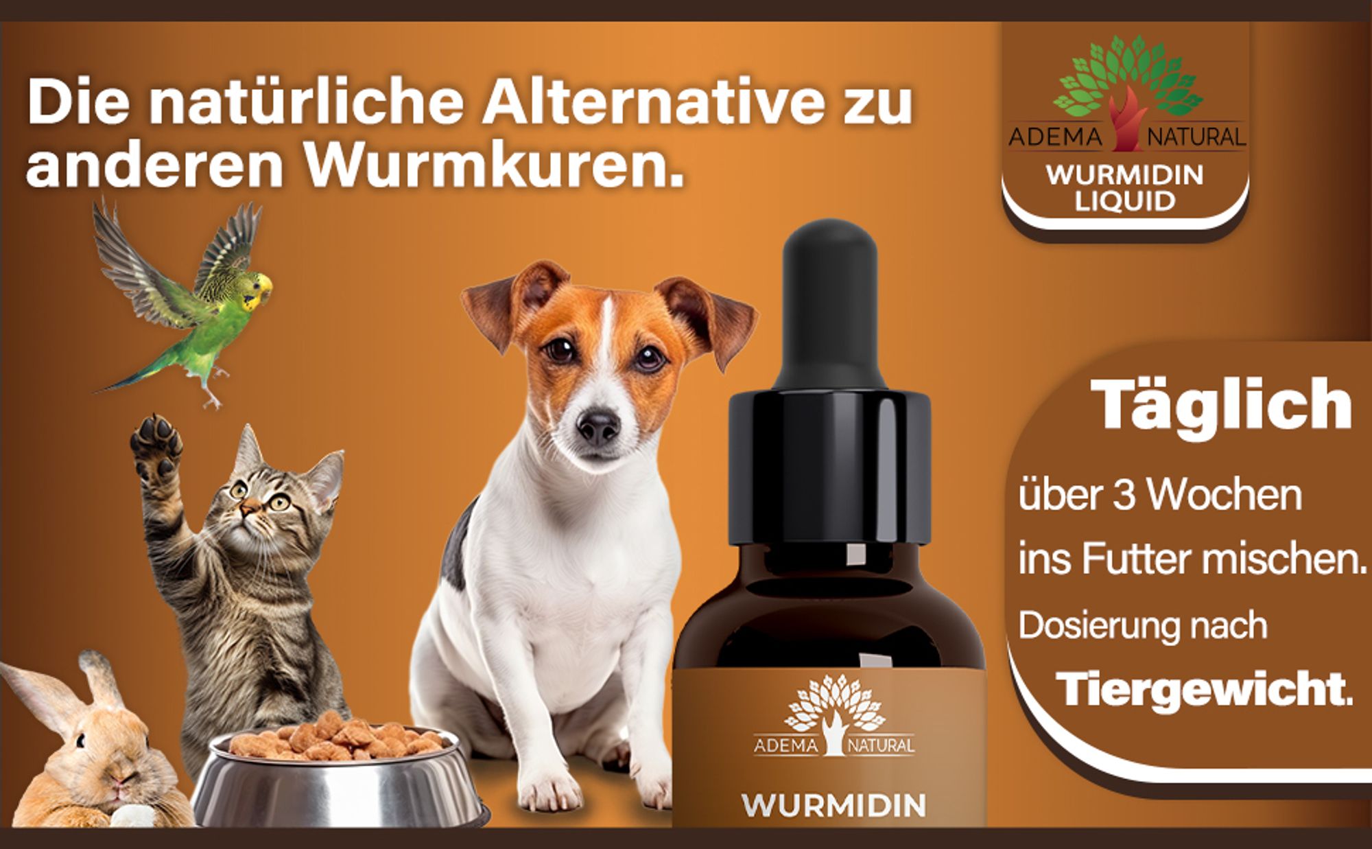 Adema Natural® Wurmidin Liquid - Wurmmittel - Wurmkur Hund - Tropfen für Tiere - Hunde, Katzen, Kaninchen - Entwurmen Hund - entwurmung - Wurmkur
