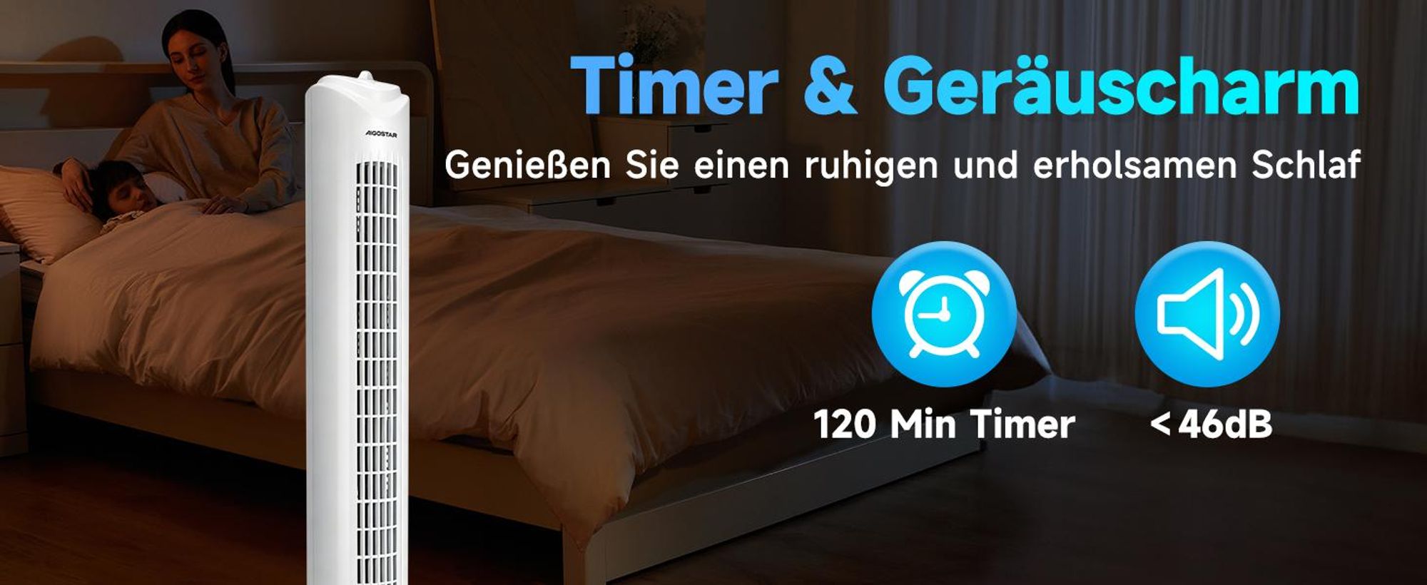 Aigostar Leiser Turmventilator 45W – Energiesparend, 3 Stufen, 70° Oszillation, 2H-Timer