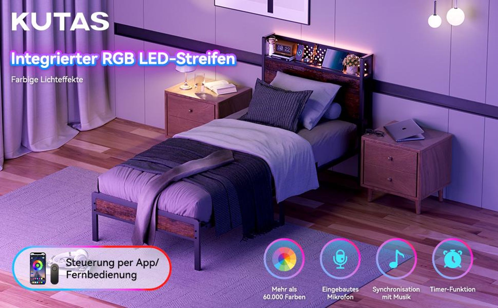 Bettgestell 90x200 cm mit Lochwand-Kopfteil, Metallbett mit LED, 3 USB & Typ-C, Bett mit Stauraum & 14 Reihen Metall Lattenrost, Industriestil, Braun