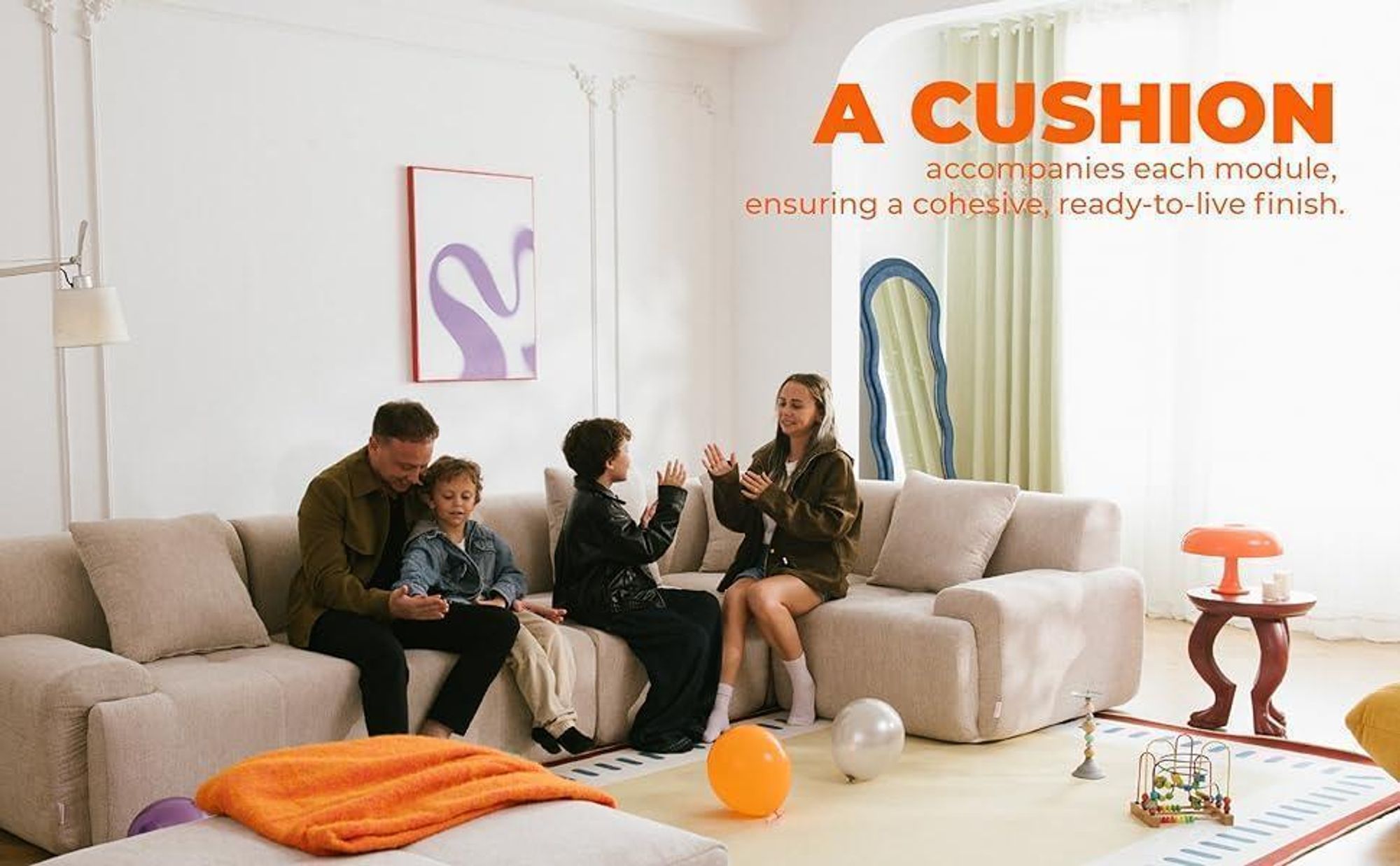 DIVANO ANGOLARE MODULARE MILYSOFA SOFAMOUS, 4 posti, con chaise longue, rivestito in tessuto di ciniglia color sabbia