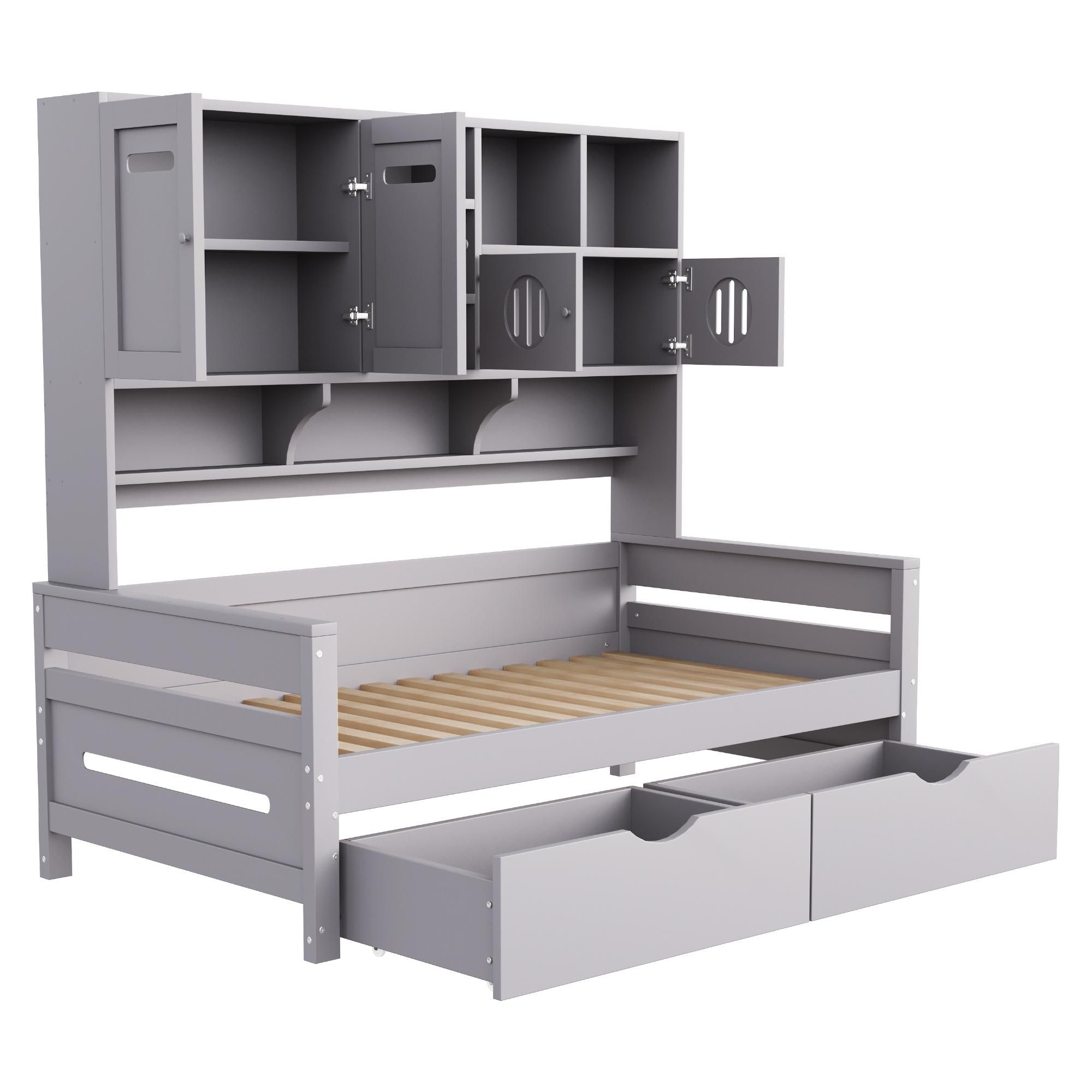 Merax Tagesbett Holz-Sofabett 90x200cm, Multifunktionsbett mit Regal, Kinderbett mit Schrank und 2 Schubladen, Massivholz Gästebett/Jugendbett, Grau