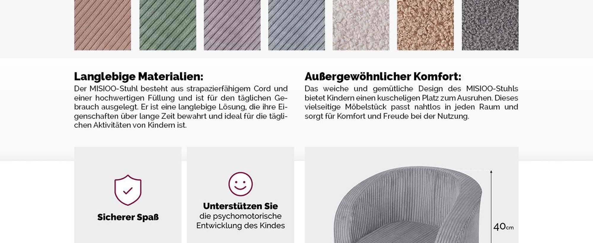 MISIOO Kindersessel Ab 1 Jahr – Corduroy Premium Sessel Kinder - Stabil Und Weich - Ergonomisch Gepolstert - 40x53x36 cm
