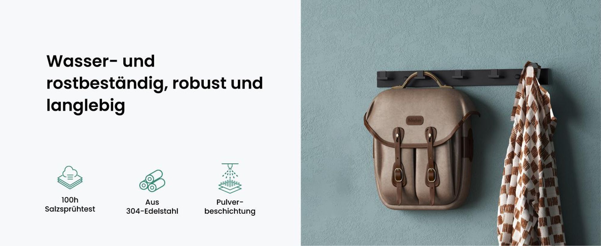Mai & Mai Kleiderhaken Wandgarderobe Wandhaken aus Edelstahl mit 5 Haken Garderobenleiste Garderobenhaken 46cm Matt weiß Stalo-07