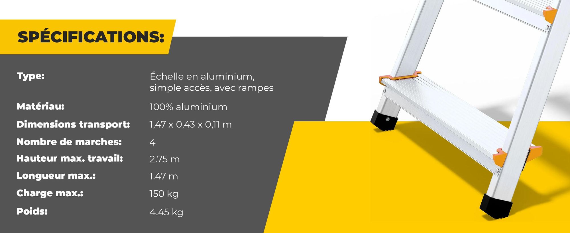 Drabest | échelle - 4 marches, charge max. 150kg - échelle avec mains courantes, échelle en aluminium, pieds antidérapants, escabeau, échelle pliante