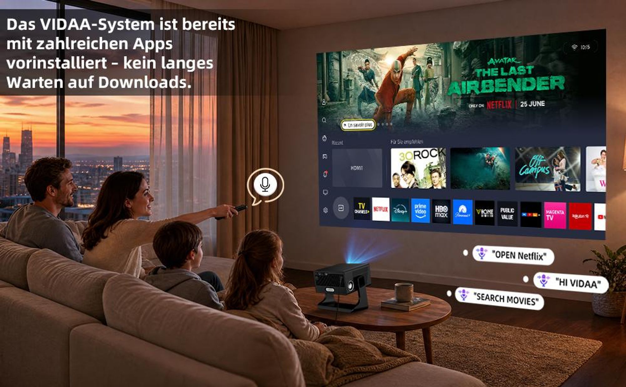 Beamer 4K, VIDAA OS, offiziell Netflix-, 1080P FHD,1400 ANSI, 2×10W Dual-Lautsprecher, Dolby Audio, KI-Autofokus & Auto-Trapezkorrektur
