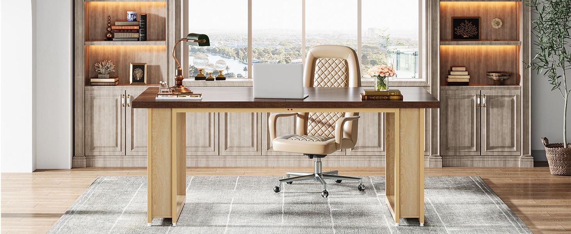 LITTLE TREE Schreibtisch 160cm für Büro, hölz einfacher Bürotisc, große Computertische Business-Arbeitsplatz mit Kufengestell Stabiler Metallrahmen