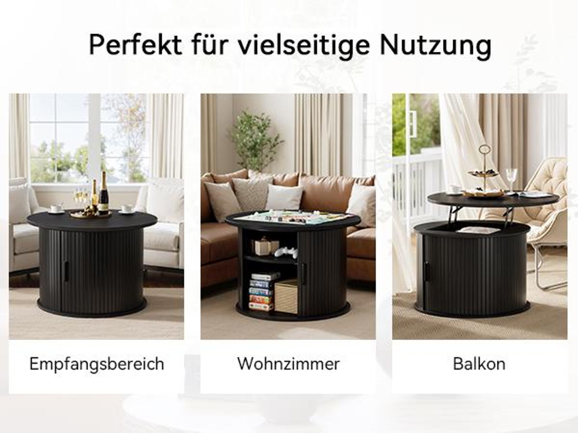 FABATO Runder Couchtisch mit Lift-Funktion & gewelltem Holzdekor – drehbarer Schiebetür-Schrank mit verstecktem Stauraum & offenem Regal fürs Wohnzimm