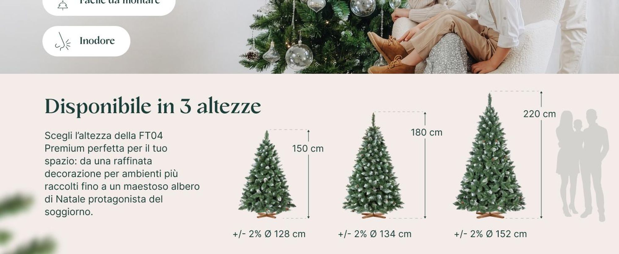 Albero di Natale artificiale FairyTrees 180cm pino naturale con supporto in legno | Abete di Natale con pigne naturali e punte bianche innevate | Facile da Montare | Prodotto in EU