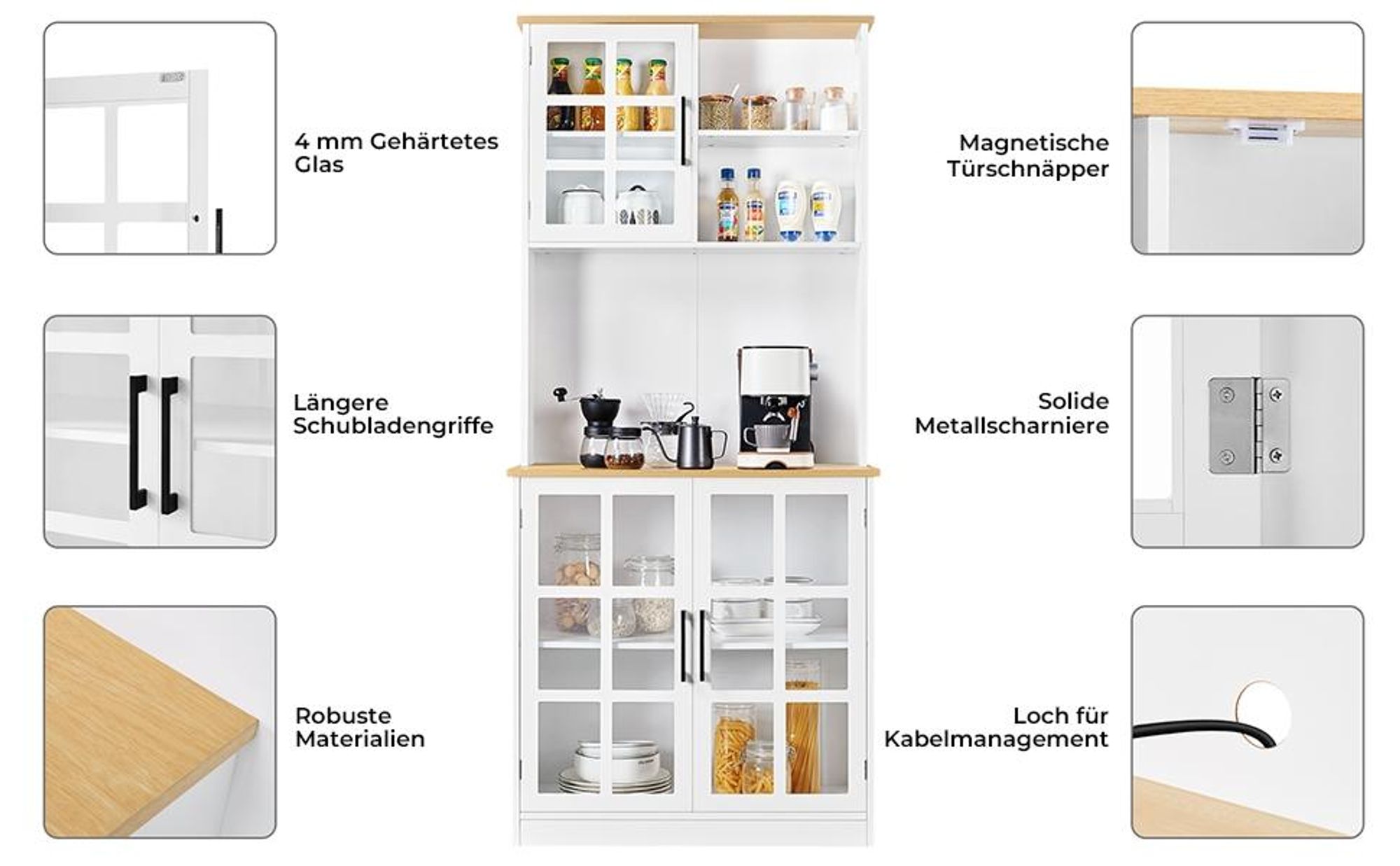 Yaheetech Küchenschrank, Vorratsschrank, Küchenbuffet, Mehrzweckschrank, mit verstellbaren Einlegeböden, für Mikrowelle geeignet, 2 Kabellöcher, Weiß