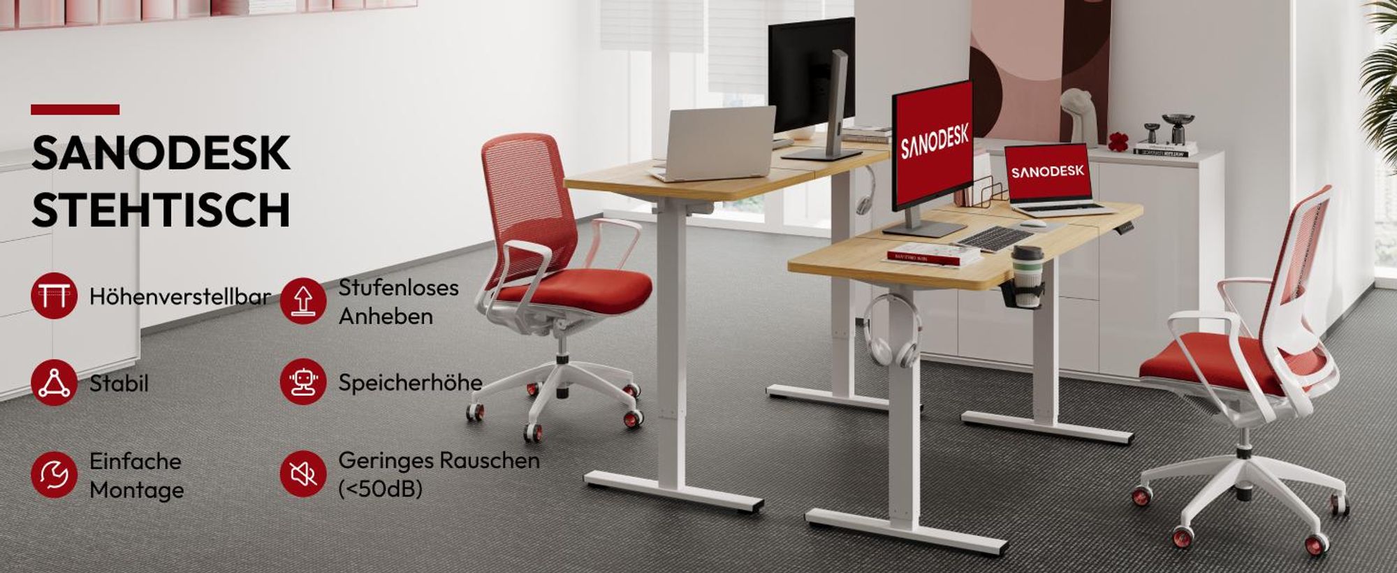 SANODESK Höhenverstellbarer Schreibtisch Upgrade 140×60cm 4 Memory-Funktion Becherhalter, Haken, Kabelmanagement 70kg Tragkraft Kollisionsschutz Ahorn