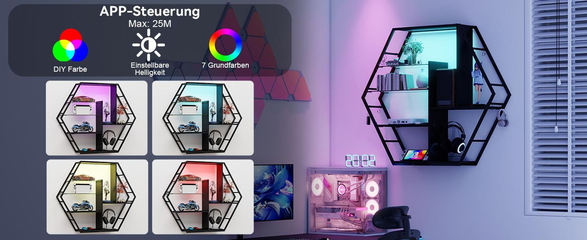 Puluomis Wandregal mit 6 Ablagen, Weinregale, 87x20x100cm, Holz Metall Hängeregal, großes Regal, RGB-LED-Lichter, Glas-Schweberegal, mit Hängestange