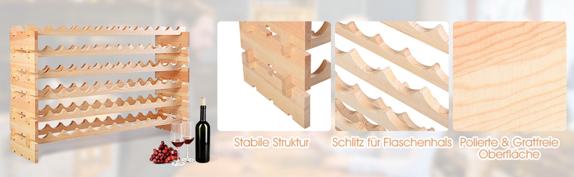 Weinregal für 72 Flaschen, Flaschenregal stapelbar aus Kiefernholz, Weinständer 119x29x71,5 cm