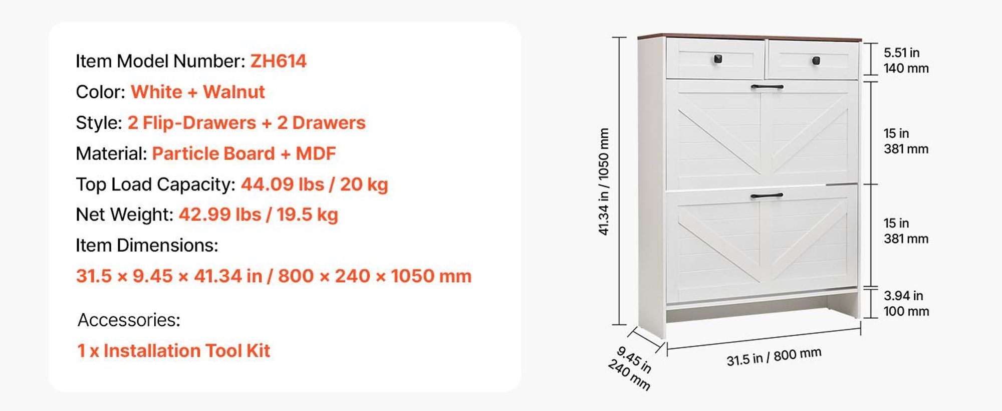 VEVOR Schuhschrank mit 2 Klappen & Kippschutz & Schubladen, platzsparender Schuhkipper, freistehender Schuhregal-Organizer für den Eingang Flur Wohnzimmer Veranda, Schuhregal 80x24x105 cm Weiß