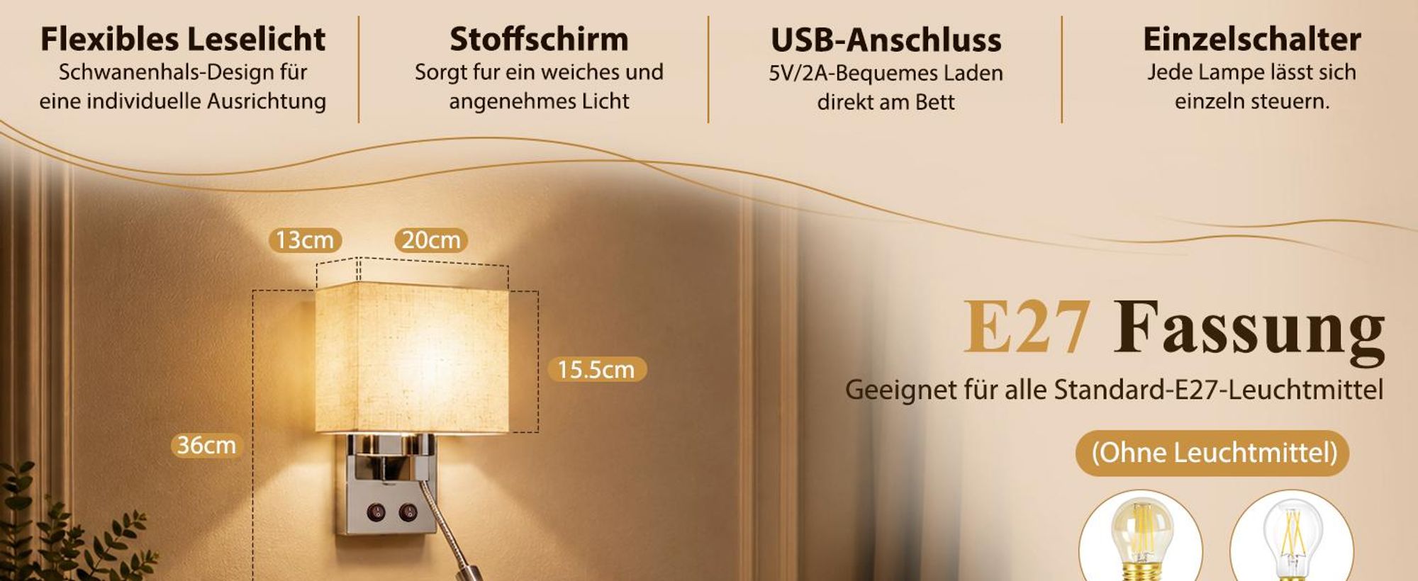 ZMH Lampada da parete a LED, con porta USB, 2W, lampada da lettura moderna, illuminazione da parete con paralume in tessuto, attacco E27, interruttore, lampada da comodino per camera da letto, hotel