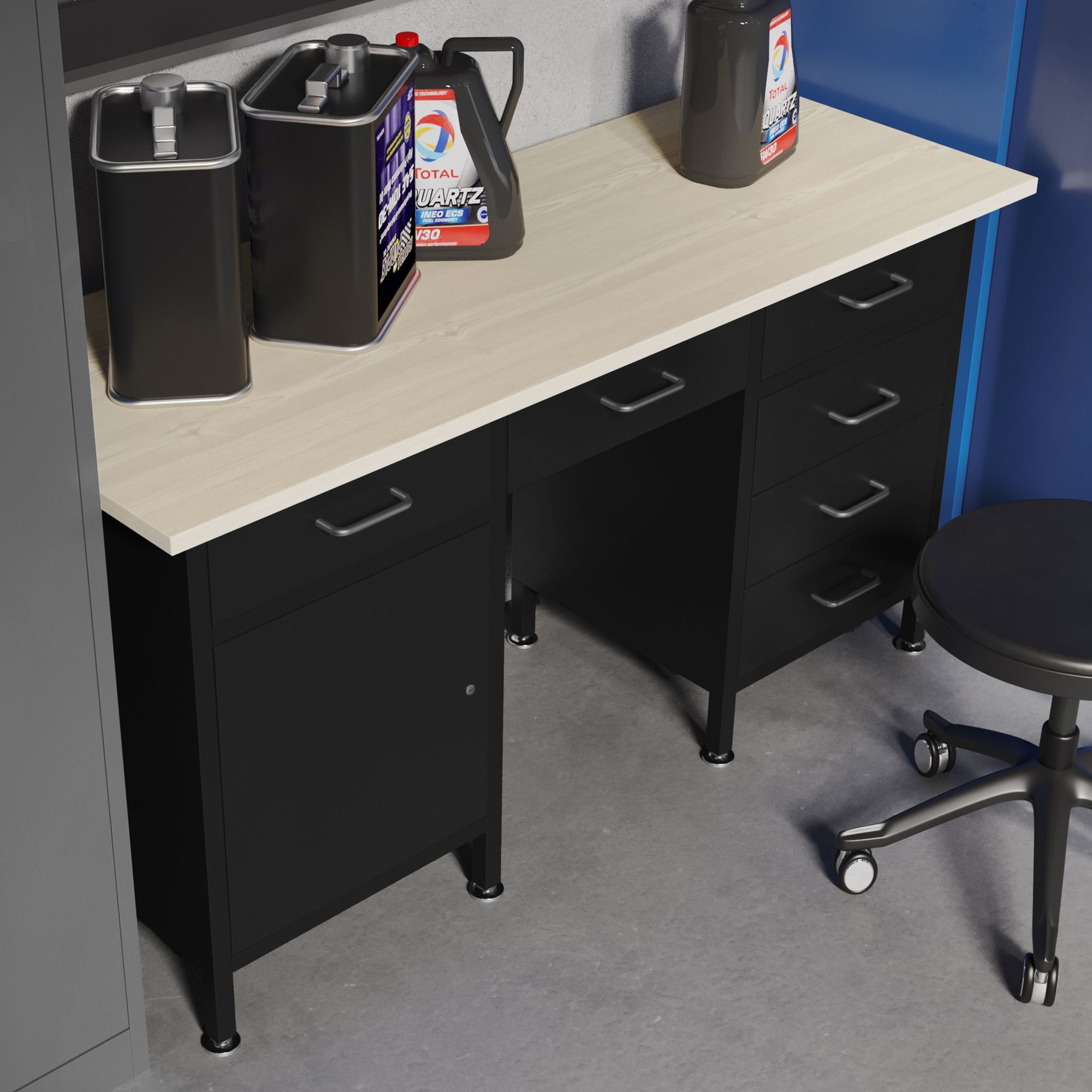 Werkbank mit Arbeitsplatte Werktisch mit 6 Schubladen Schließfach Verstellbare Füße MDF-Arbeitsplatte Belastbar bis 500 kg Metall 170 cm x 60 cm x 85 cm Farbe: Schwarz