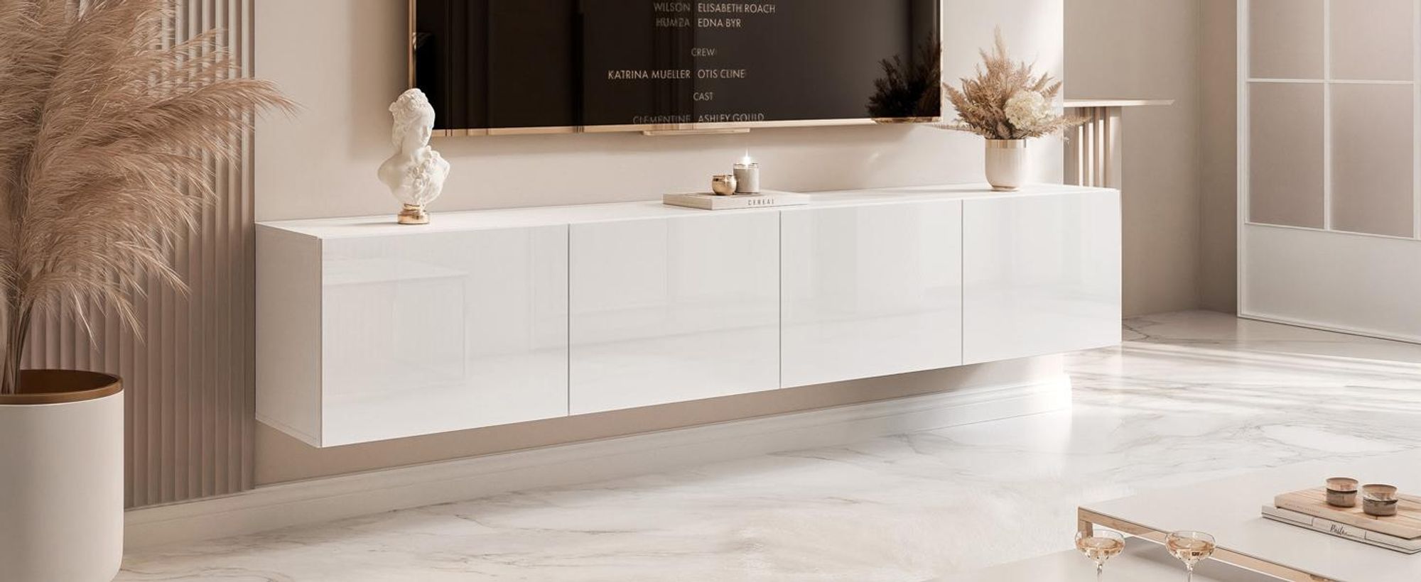 Idohome TV-Lowboard Angel 200 cm Weiß Hochglanz – Fernsehschrank, Wohnzimmer, TV-Schrank, Medienmöbel, Hängeschrank mit LED-Beleuchtung, Push-to-Open