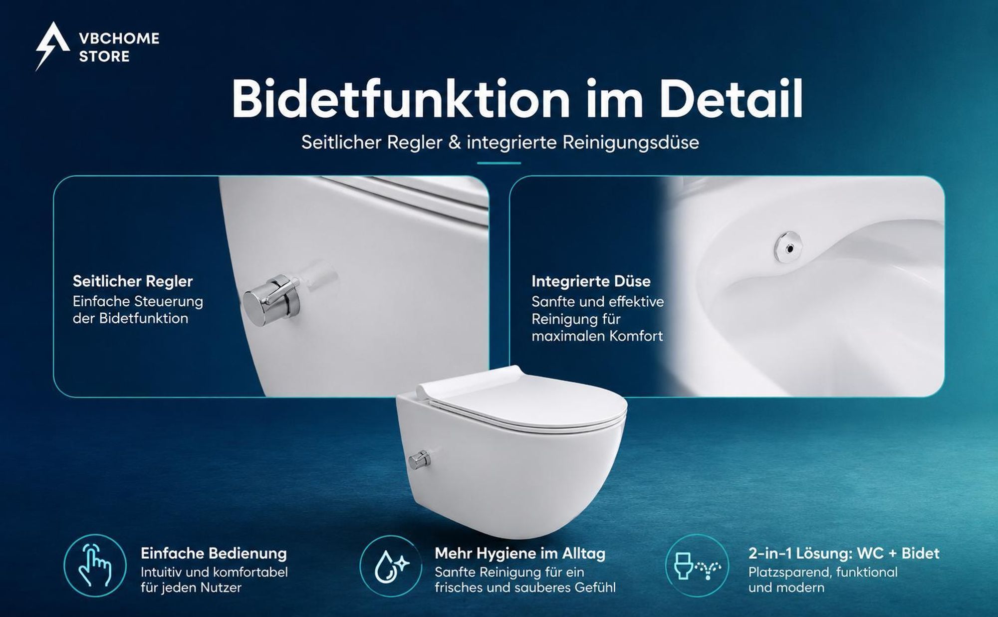 VBChome Hänge-WC mit Bidetfunktion Spülrandloses Weiß Keramiktoilette mit Wirbelspülung WC-Sitz Absenkautomatik Rimless SoftClose-Funktion 36×50×37 cm
