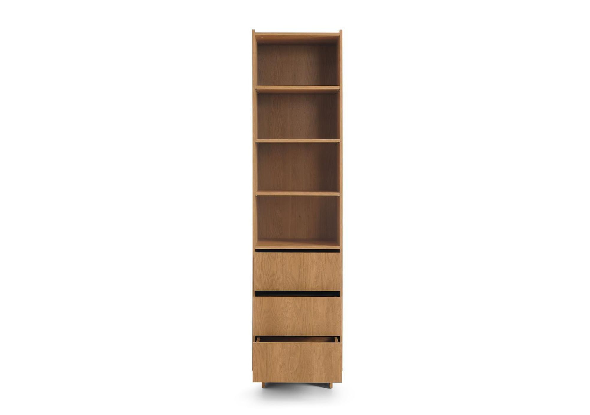 BETTSO Bücherregal SUNA Japandi Standregal Eiche Caramel grifflos Schrank mit 3 Schubladen, 50x200x39 cm, Wohnzimmer Büro, Saugroboter-geeignet
