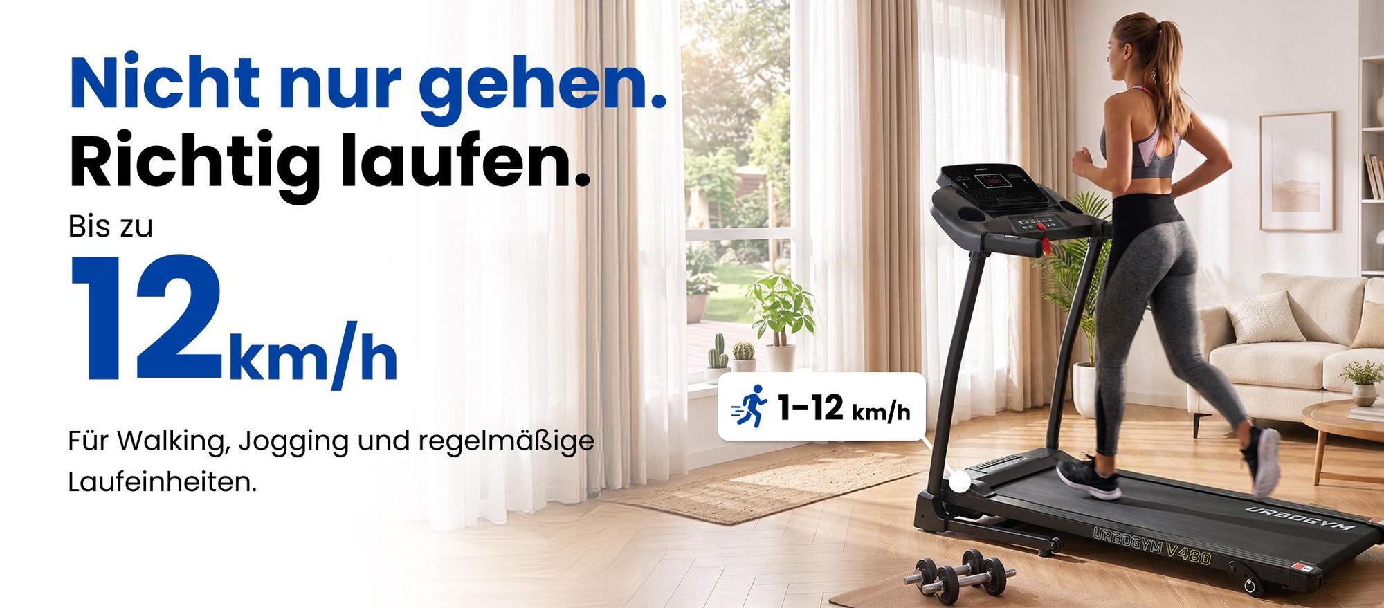 URBOGYM V480 elektrisches Laufband für Zuhause, 12 km/h, 120 kg, 40 × 120 cm Lauffläche, 12 Programme, Bluetooth, klappbar