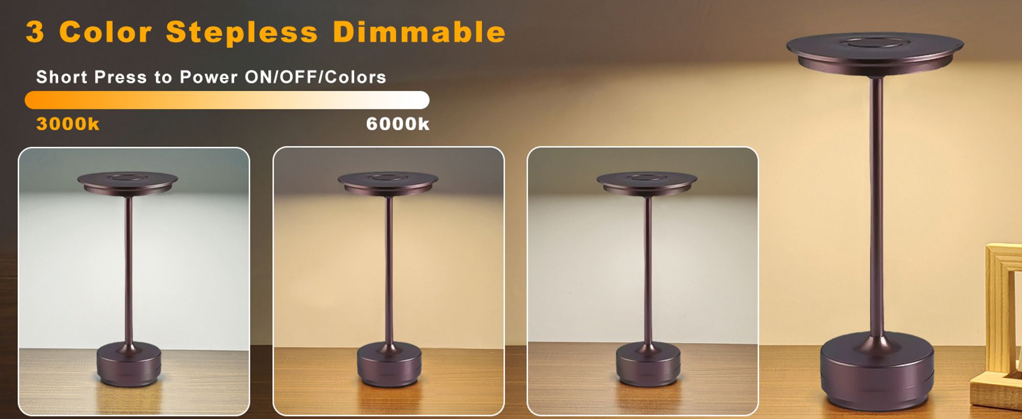 Kabellose Dimmbare LED Akku Tischleuchte Touch Tischlampe Lampe Wohnzimmer Nachttischlampen Dreifarbiges Licht braun