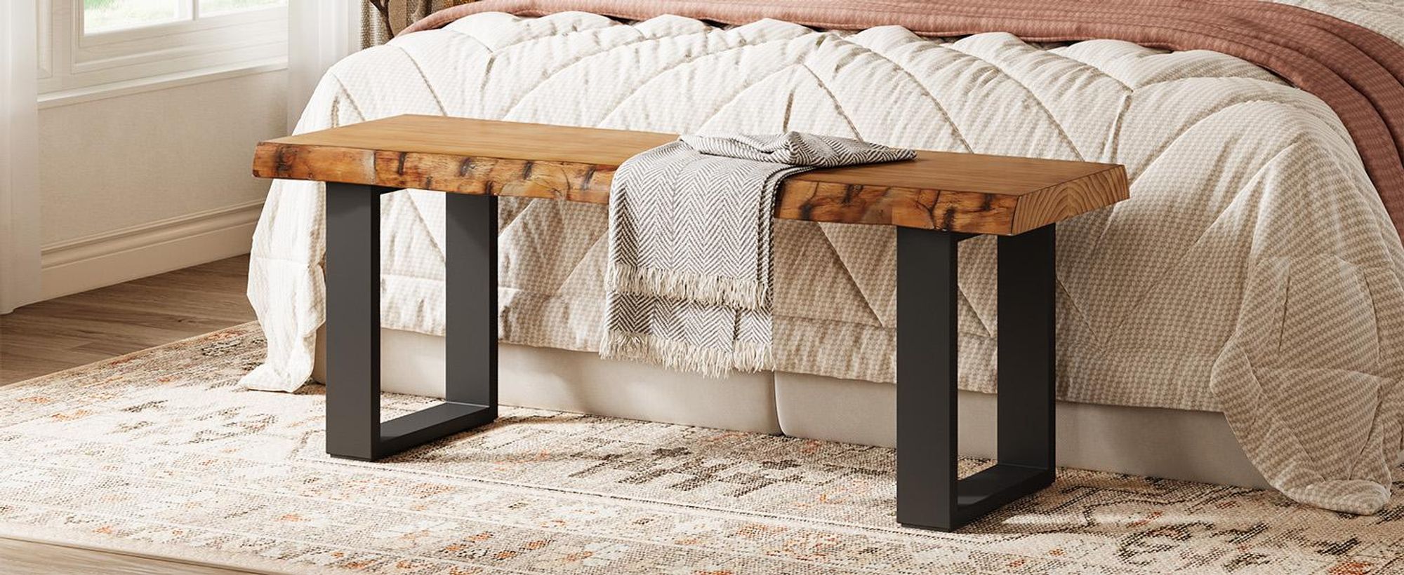Wanbor 120cm Massivholz-Eingangsbank, industrielle Holz-Schuhbank mit Metallbeinen, schmale Lange Fußbank für Schlafzimmer, Wohnzimmer