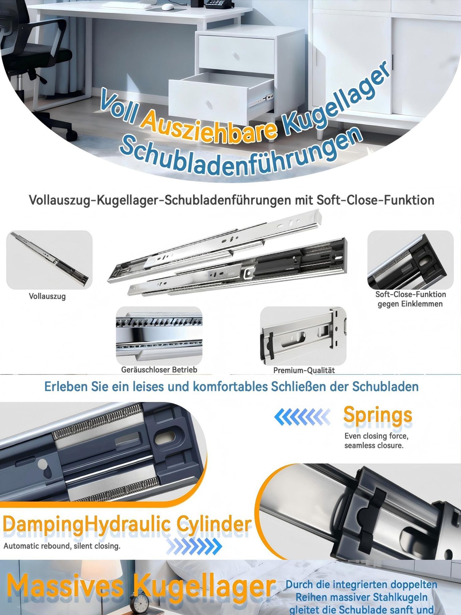 YALION® 1 Paar Schubladenschienen 400 mm mit Soft-Close | Vollauszug | Stahlführung | Seitliche Montage | 45 mm Stahl | 45 kg Tragkraft
