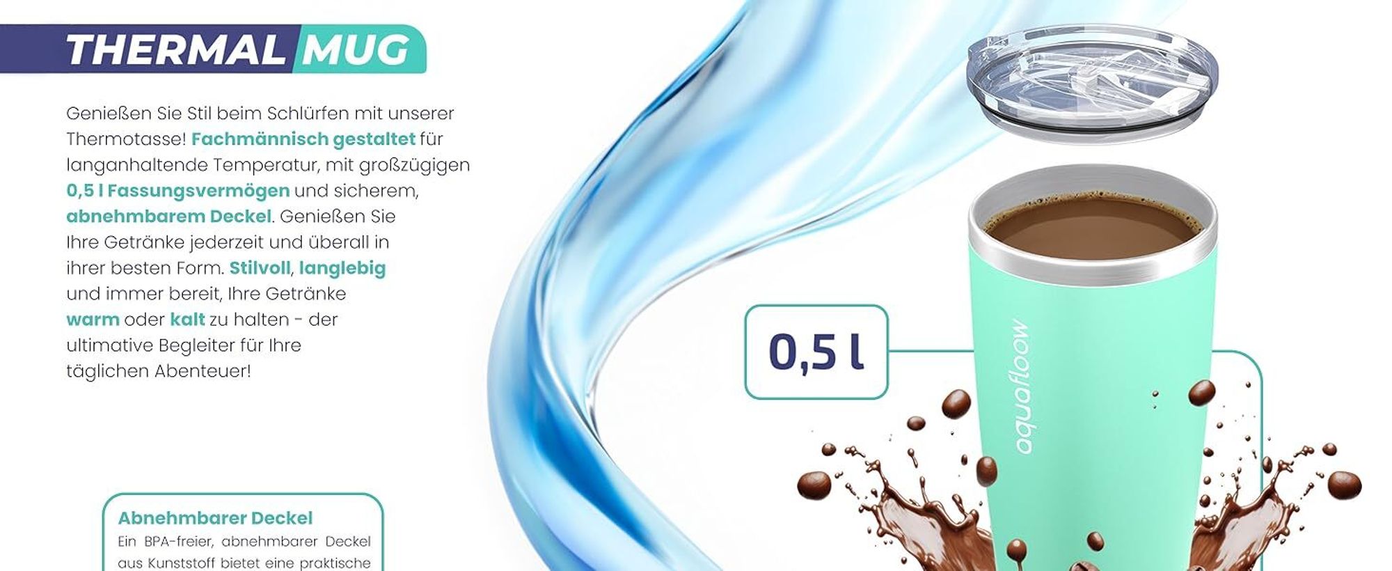 Aquafloow Edelstahl Thermobecher 500 ml Minze – Isolierbecher, Hält Getränke Heiß und Kalt, BPA-frei