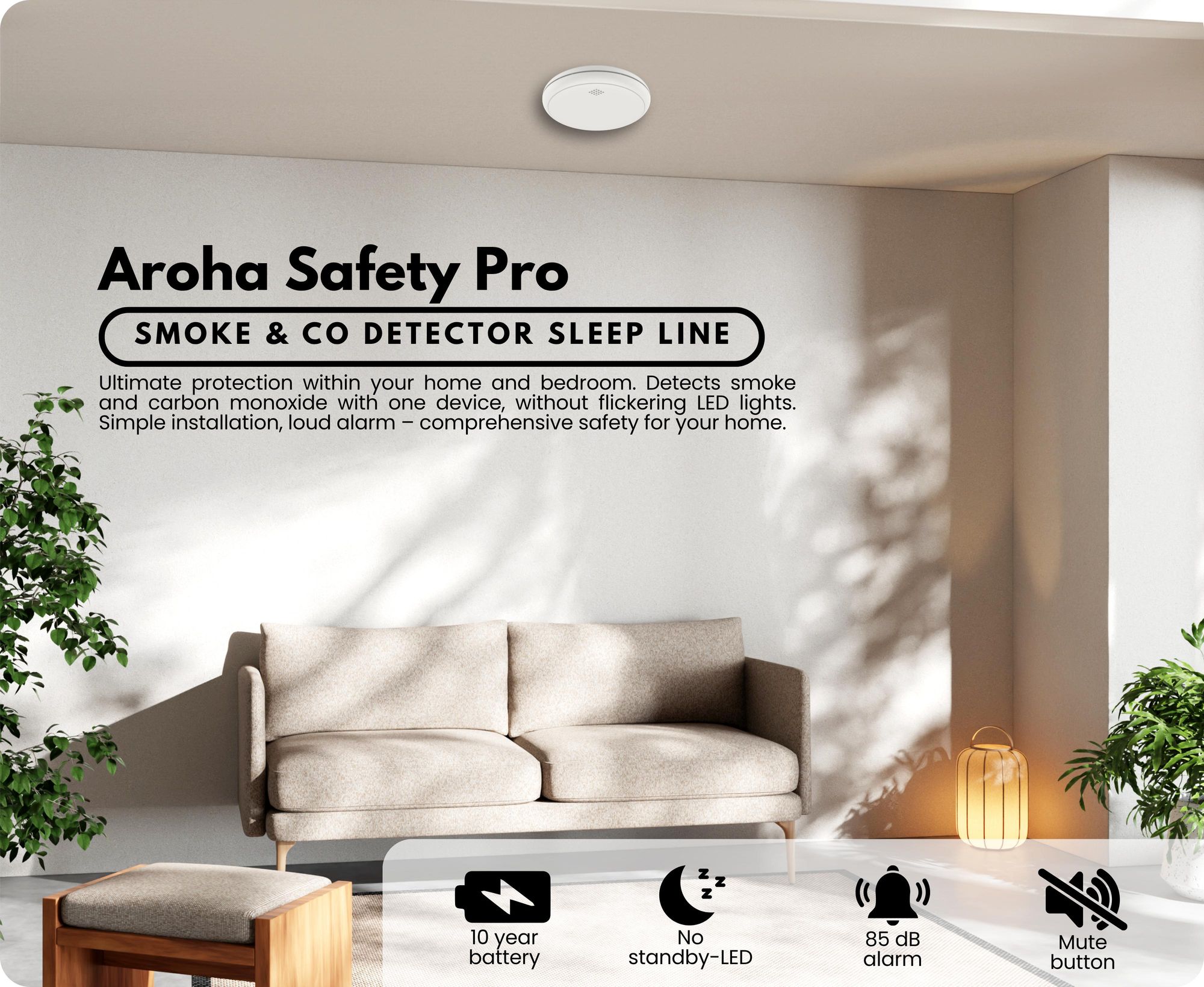 Aroha Safety Pro kombinovaný detektor dymu a oxidu uhoľnatého CO - 10 rokov batérie - Sleep Line - 1 sada