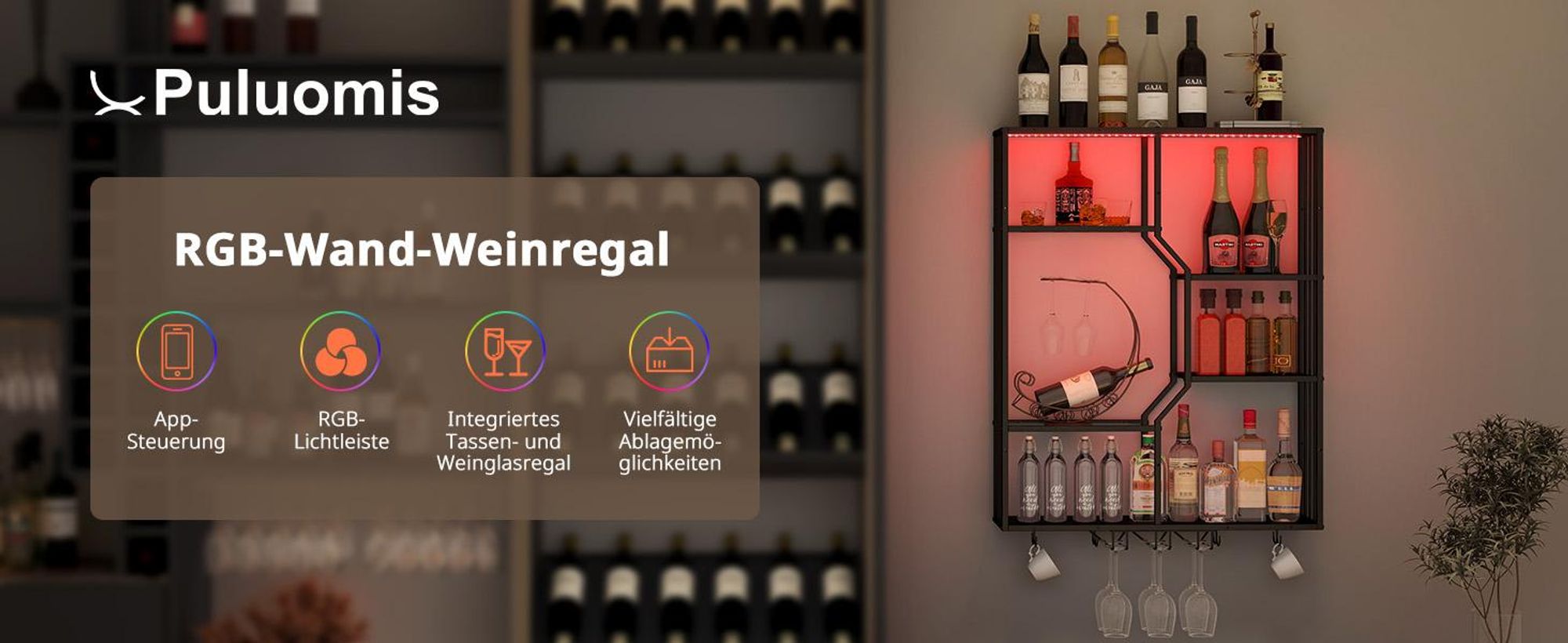 Puluomis LED Wandregal 100cm mit RGB-Beleuchtung & App-Steuerung, Beleuchtetes Regal, 5mm Sicherheitsglas, inkl. 2 Tassenhalter & Weinglashalter