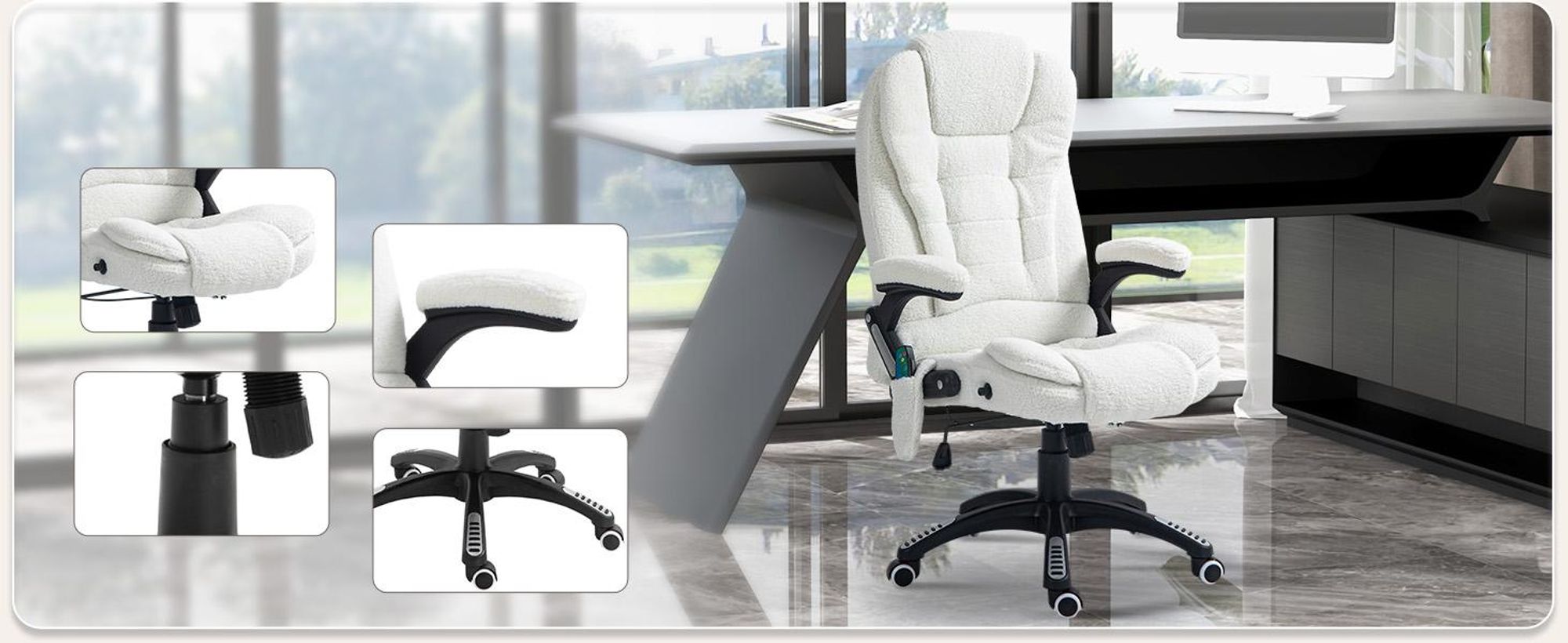 Fotel biurowy Vinsetto z funkcją masażu. Ergonomiczny fotel gabinetowy z funkcją podgrzewania, odchylania i bujania. Regulowana wysokość, obrotowy o 360°. Fotel komputerowy z kieszenią boczną, welurowy wygląd, biały.
